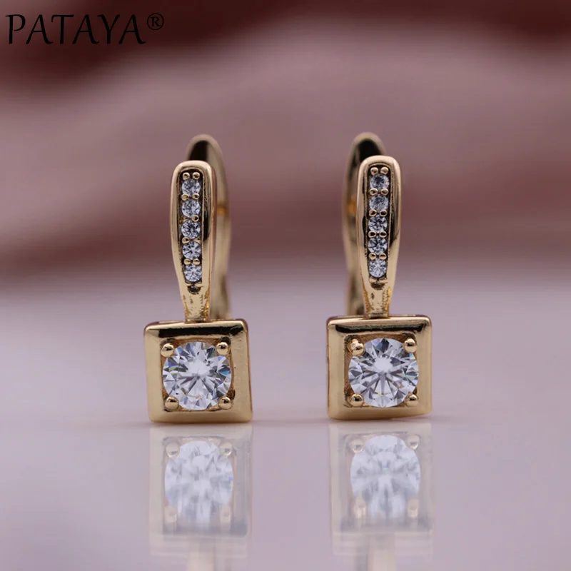 PATAYA New Square Cute Drop Earrings Girl Gift 585 Rose Gold Color Party Fashion Jewelry Fine Round Natural Zircon Women Earring