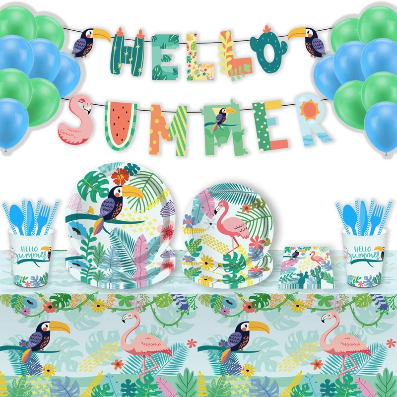 53pcs/set Flamingo Party Paper Disposable Tableware Summer Hawaii Birthday Plate Cup Napkin Tropical Summer Party Supplies