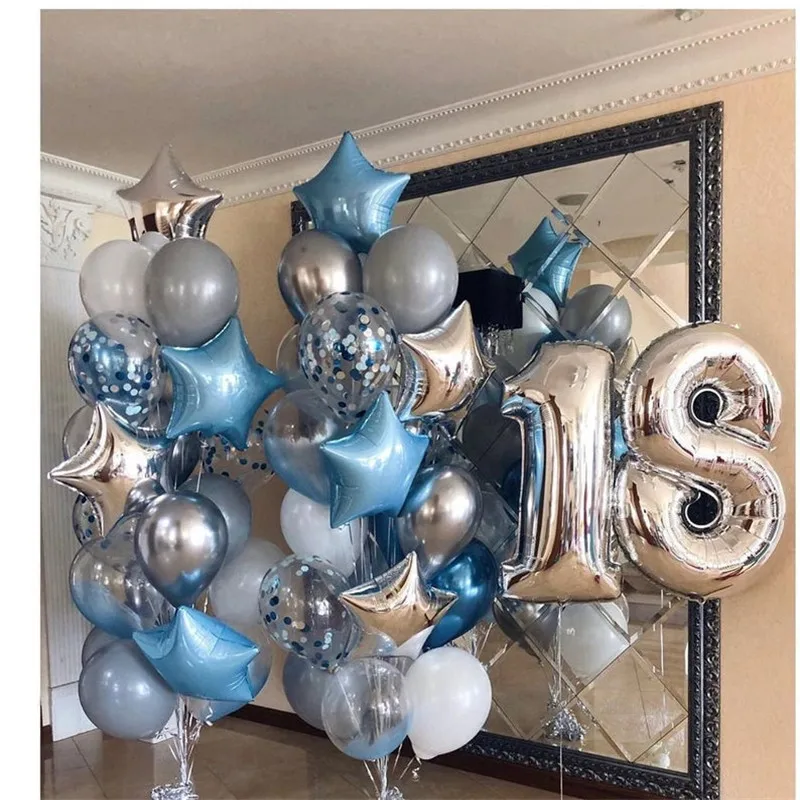 1set 18 Years Old Boy Girl Birthday Party Decoration 30Inch Number Blue Silver Star Foil Globos Adult Ceremony Kids Toy Supplies