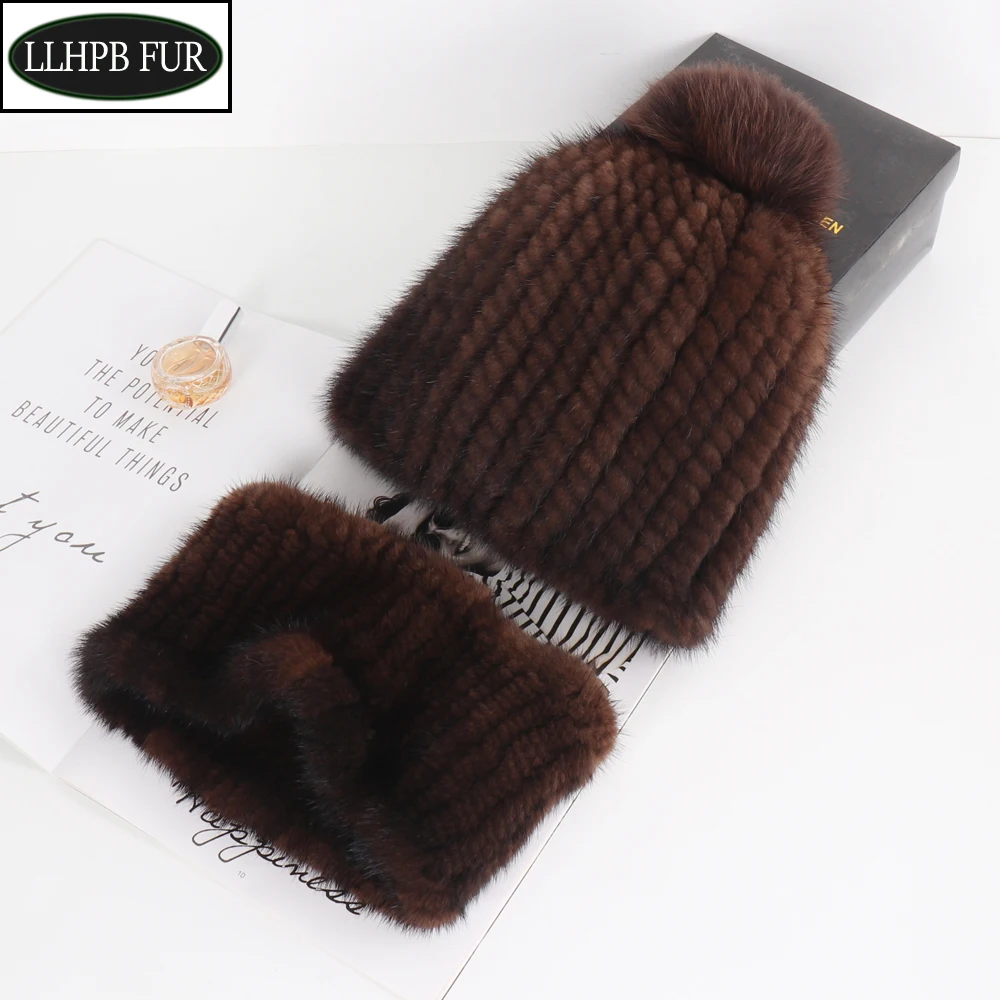 Women Winter Knit Real Mink Fur Hat Scarves 2 Pieces Natural Warm Mink Fur Hat Scarf Sets Lady Quality 100% Real Fur Cap Muffler