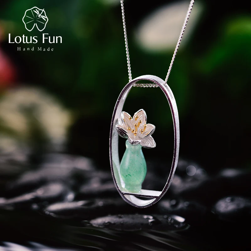 Lotus Fun Real 925 Sterling Silver Natural Aventurine Handmade Fine Jewelry Lotus Whispers Vase Pendant without Necklace Women