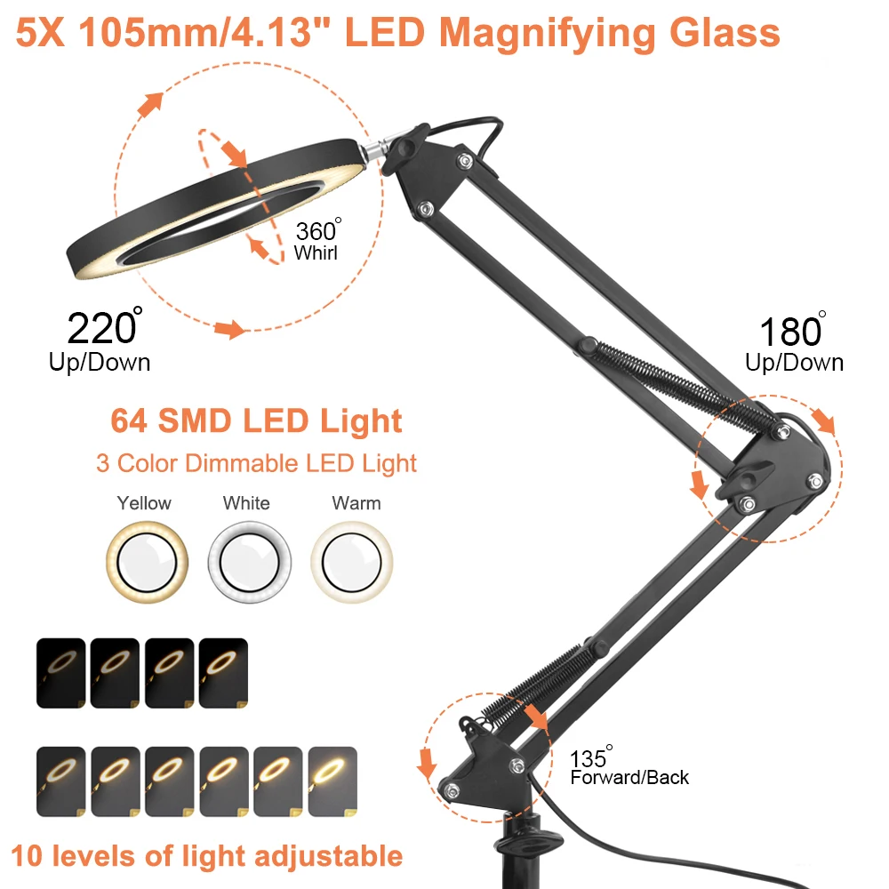 NEWACALOX Flexible Desk Large 5X USB LED Magnifying Glass 3 Colors Illuminated Magnifier Lamp Loupe Reading/Rework/Soldering