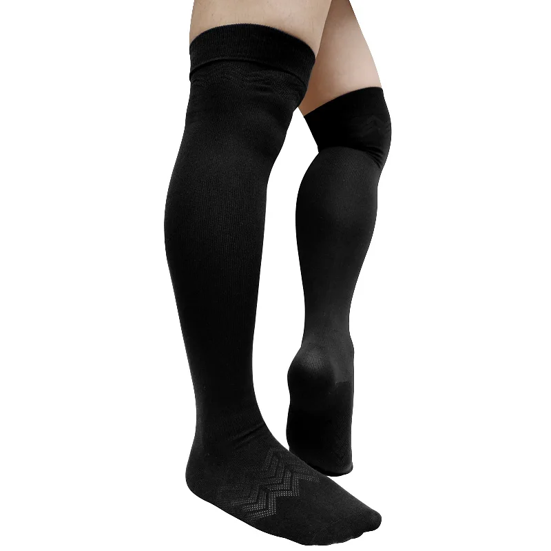 Calcetines largos por encima de la rodilla para hombre, medias sexys transpirables de algodón, medias formales, color negro