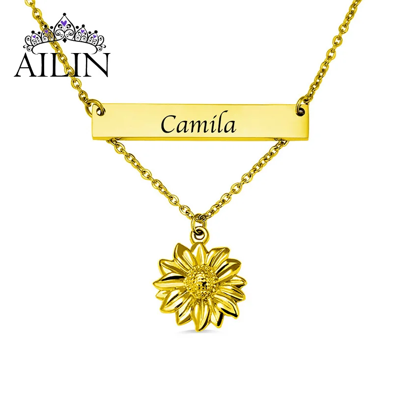 

AILIN 2020 Fashion Sunflower Stainless Steel Custom Engraving Bar Necklace For Women Personalized Jewelry Girl Christmas Gifts