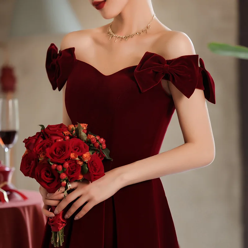 

Elegant One Shoulder Bow Applique Velour Evening Dress Back Zipper Formal Gowns Cheongsam Robe De Soiree Vestidos Size XS-3XL