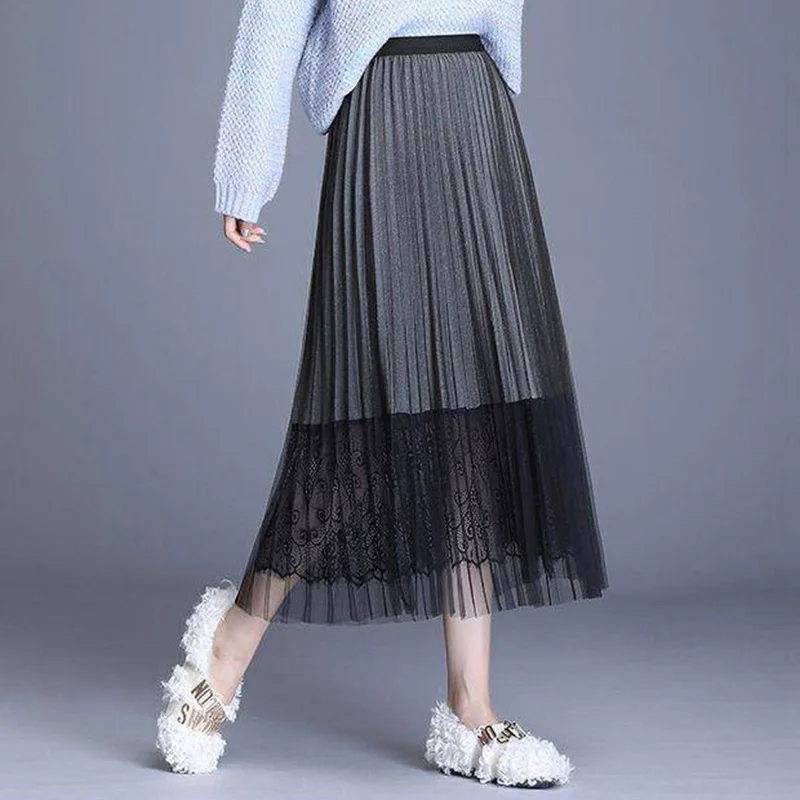 

Elegant Ladies Lace Long Skirts Women Plus Size Summer High Waist Korean Style Casual Empire Kawaii Skirt Lining Black Gray Blue