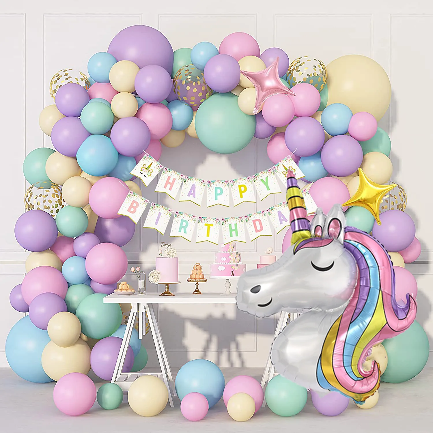 147Pcs Unicorn Birthday Balloons Arch Garland Kit Happy Birthday Banner for Girls Unicorn Birthday Party Decorations Baby Shower