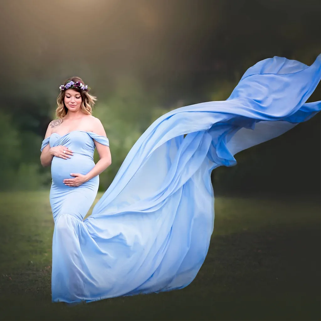 Pregnant Dress New Maternity Photography Props For Shooting Photo Pregnancy Clothes Cotton+Chiffon Off Shoulder Half Circle Gown