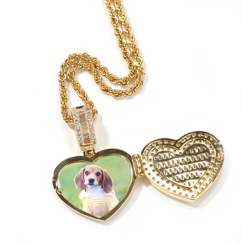 

Custom Can Open Heart Shape Photo Frame Memory Medallions Pendants Necklace for Men Women Bling Iced Out Hip Hop Rapper Jewelry