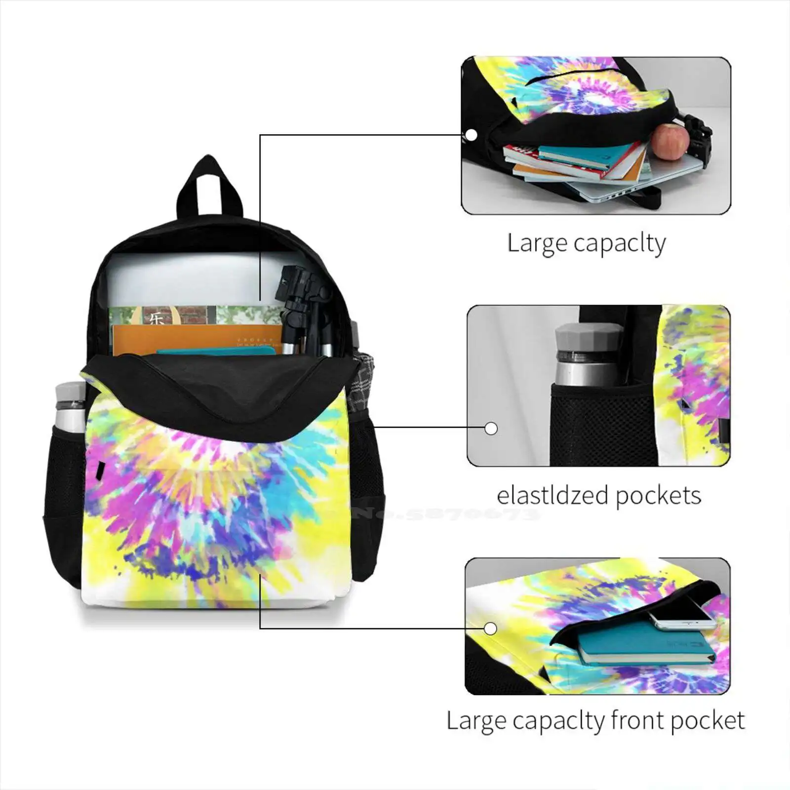 Azaléa-Mochila Inspirada em Tie Dye, Itens Fashionable, Viagem, Laptop, Escola, Bolsa, Iggy, Música, Floral, Vintage, Fantasia