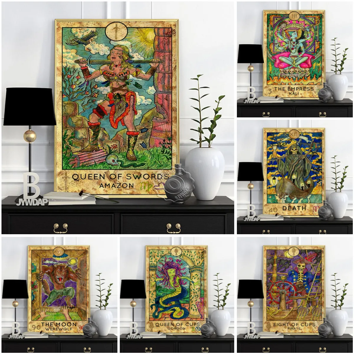 Таро ручной работы узор иллюстрация плакат, цвет Луна Werwolf Kali смерть королева мечей настенная картина домашний декор подарок