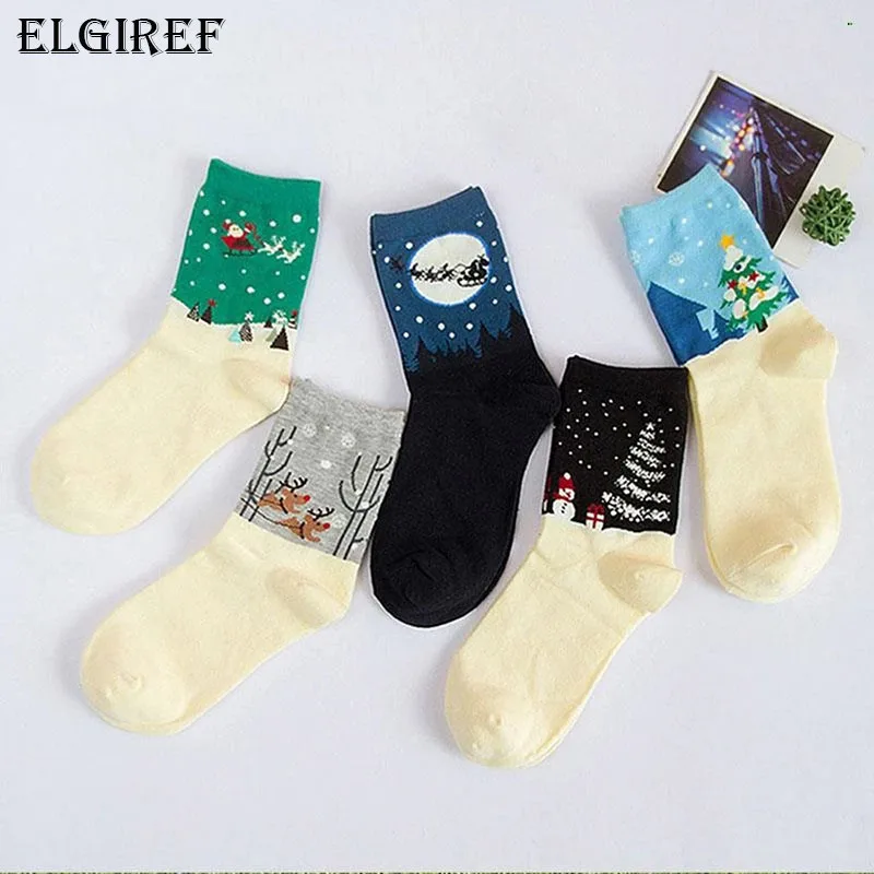 5 Pairs Women Socks Meias Calcetines Year Christmas Festival Socks in The Tube New Warm Santa Elk Snowman Cotton Casual Print