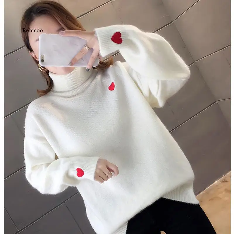 Autumn Winter Korean Fashion Pink Pull Femme Print Heart Autumn Winter Clothes Embroidery Turtlenec Knitted Sweater Pullover