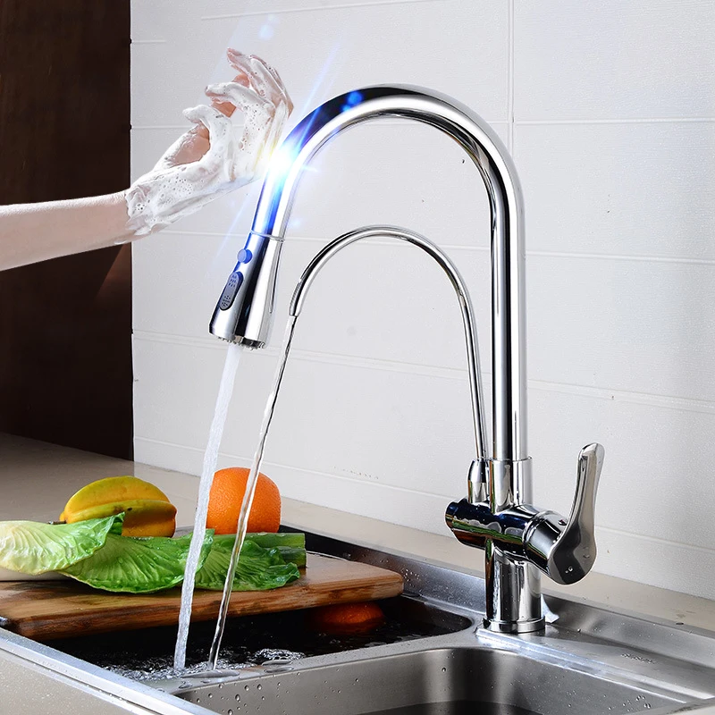 Touch Pull Out Kitchen Faucets Dual Handle Brass Filter Kitchen Mixer Faucet Hot Cold Pull Down Kitchen Tap Smart Touch Faucets