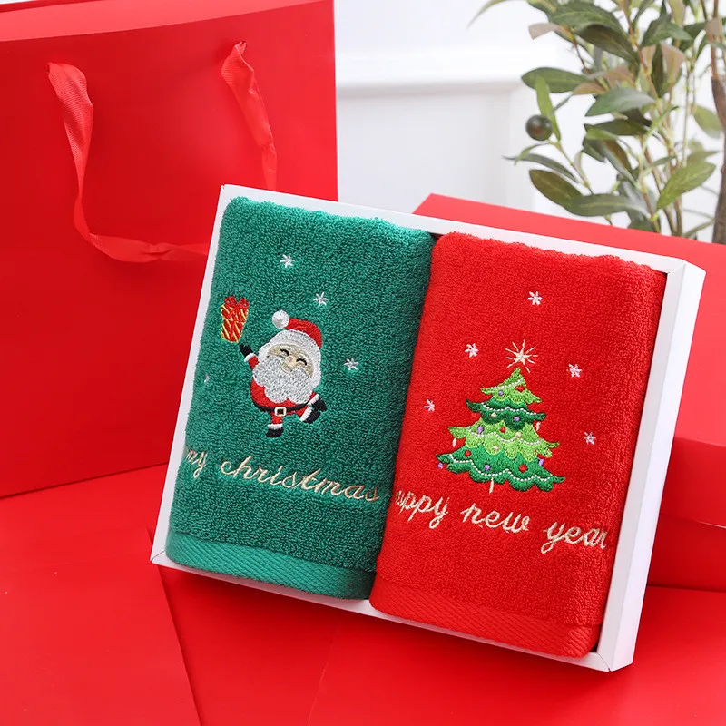 2pcs/lot Christmas Towels Set Kitchen Tea Towel Santa Claus New Year Gift Home Cotton Face Hand Towels Bathroom Washing Cloth