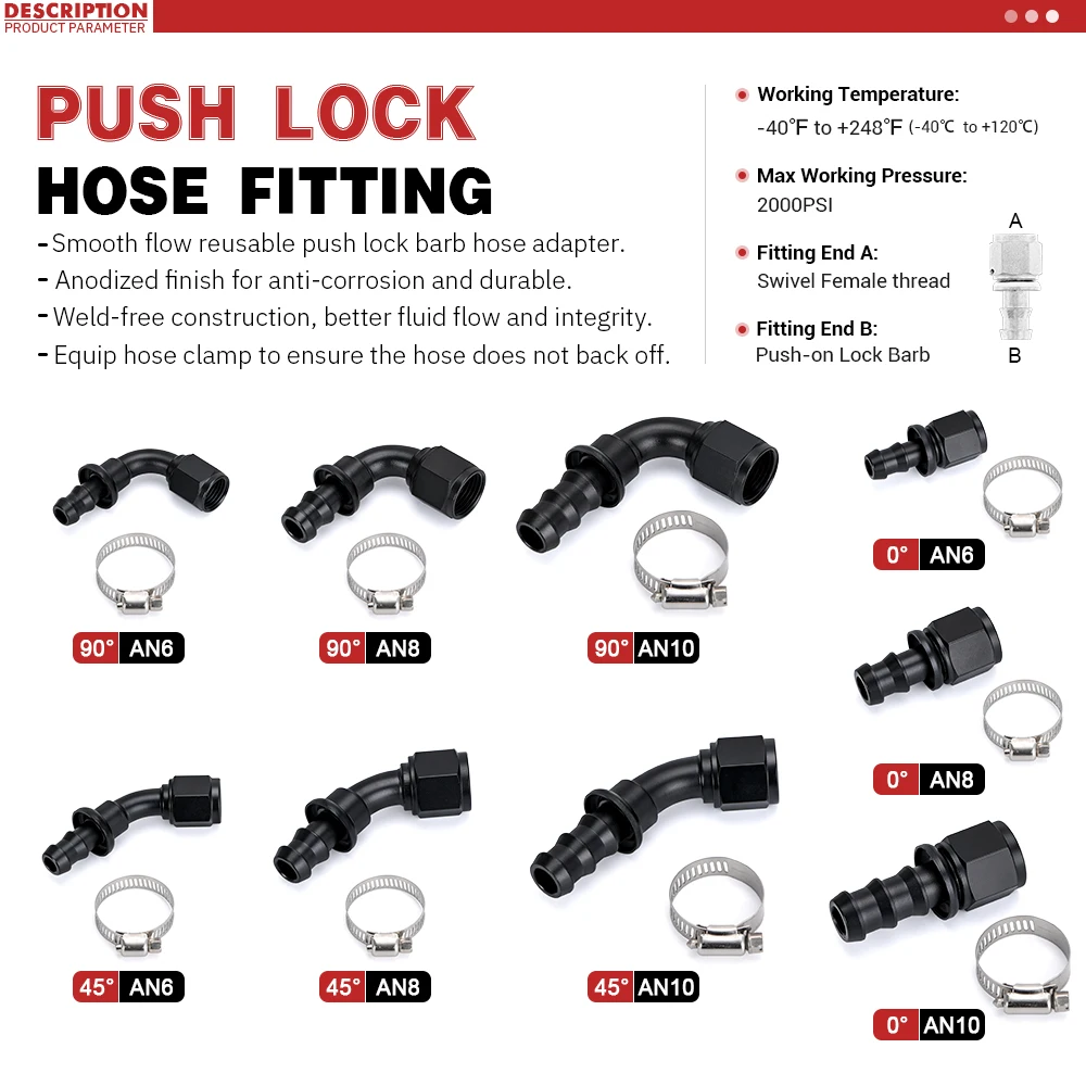 Universal AN6 AN8 AN10 Push-on Hose End Fittings Fuel Oil Cooler Hose Fitting 0 45 90 180 Degree Reusable Connection Adapter