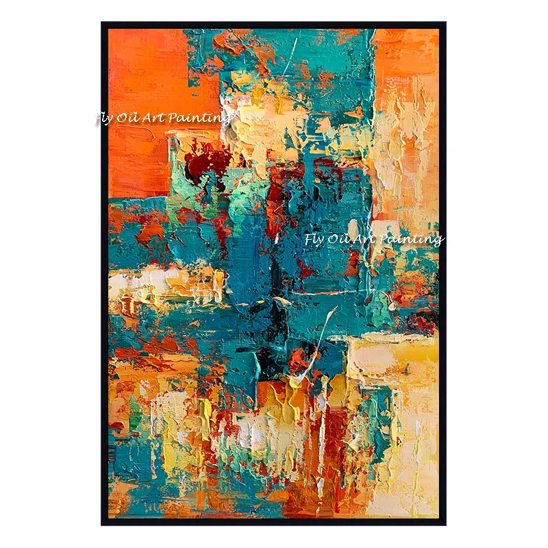 100% Handmade Knife Colorful Hand Painted Orange Red Oil Painting Artwork Modern Large Size As A Gift Abstract Wall Art