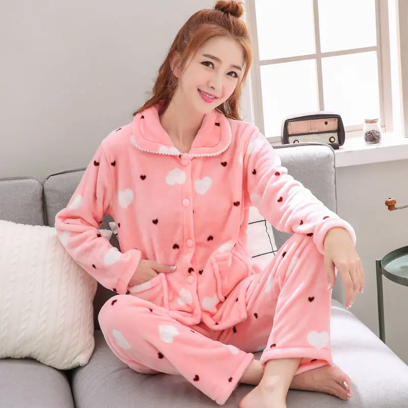 Winter Pajamas Sets Women Flannel Turn Neck Cartoon Thick Warm Women Pyjamas Sleepwear Cute Animal Female Homewear