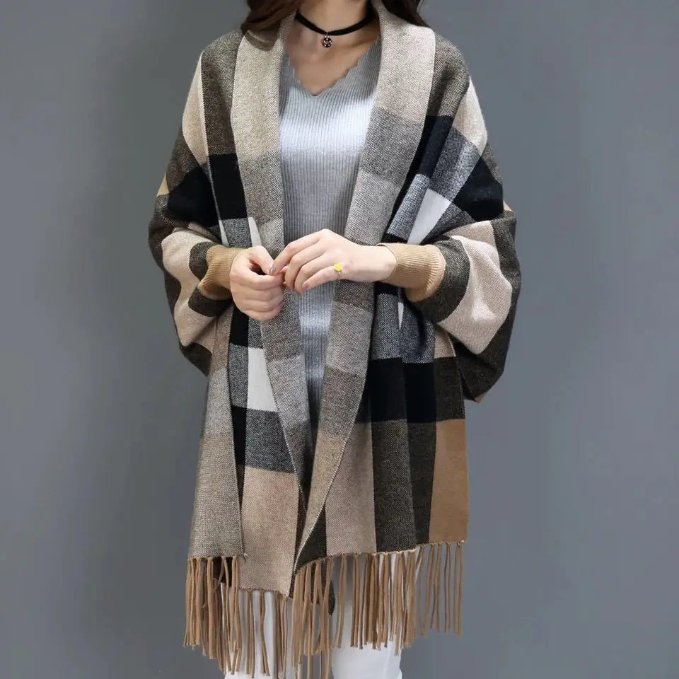 Women Autumn Striped Cloak Female Long Sleeves Cape Outside Street Wear Winter Knitted Plaid Cardigan Vintage Tassel Shawl Coat