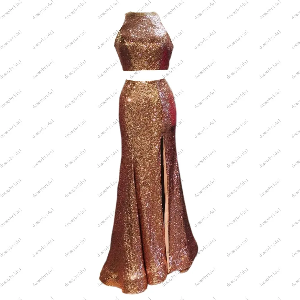 2022 Sparkly Rose Gold Zwei Stücke Halter Meerjungfrau Prom Kleider Seite Split Cocktail Hochzeit Gast Abendkleid Formale Kleider