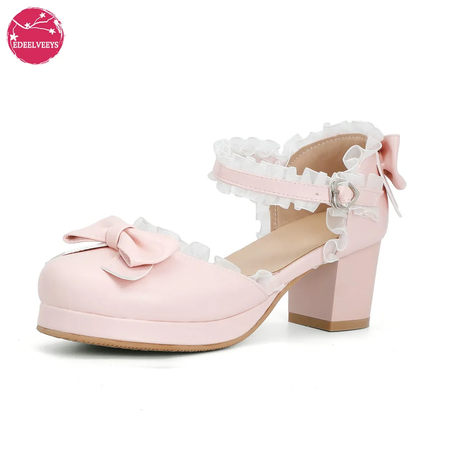 

Japanese Harajuku Princess Lace Edge Lolita Sandals High Chunky Heels Sweet Round Toe Bowtie Kawaii School Girls Cosplay Shoes