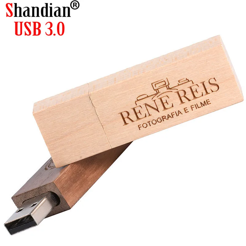 SHANDIAN-unidad flash usb de madera UBS 3,0, pendrive con caja, 4GB, 16GB, 32GB, 64GB, disco U, tarjeta de memoria, logotipo personalizado gratis, 1 unidad