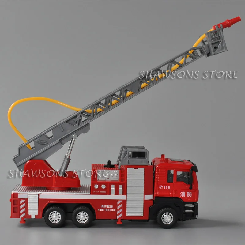 1:50 Diecast Metal Ladder Fire Engine Spray Water Truck Pull Back Toy Vehicle With Sound & Light