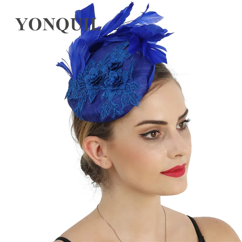 

4-Layer Sinamay Women Blue Hats Fascinators Fancy Feather Wedding Headpiece With Headbands Bride Elegant Fashion Millinery Cap