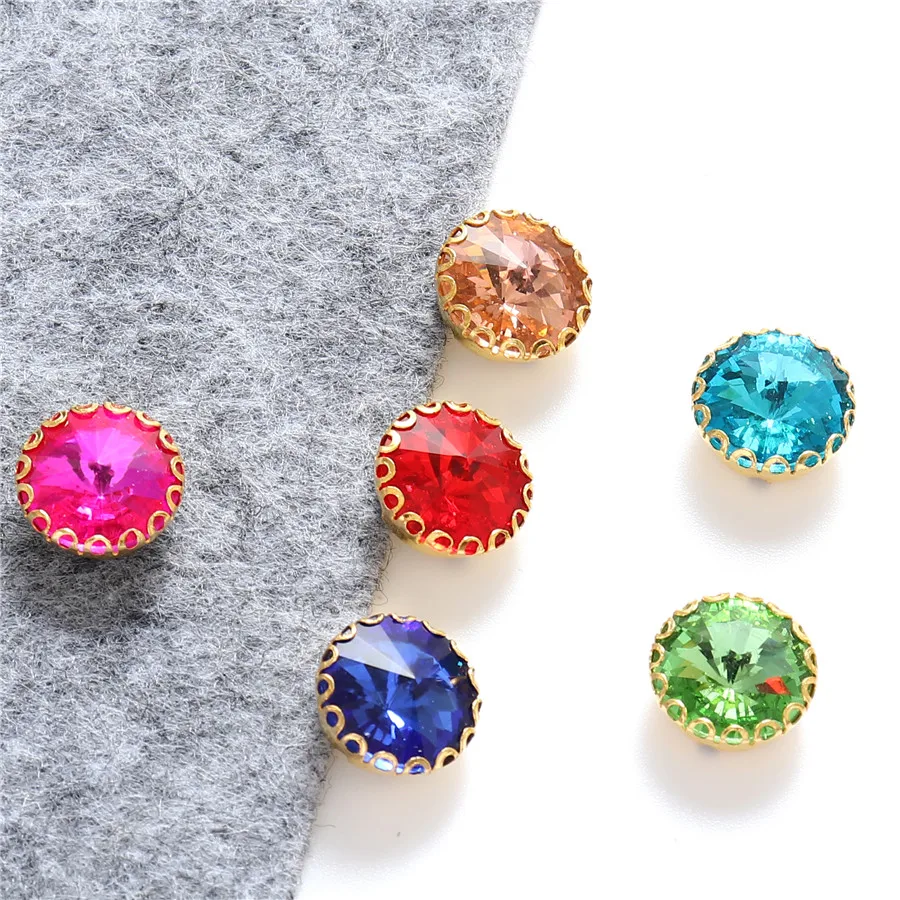 New 6 Sizes Round Shape Glass Sew On Gemstones With Golden Base Crystal Sewing Rhinestones for Clothes Shoes Needlework