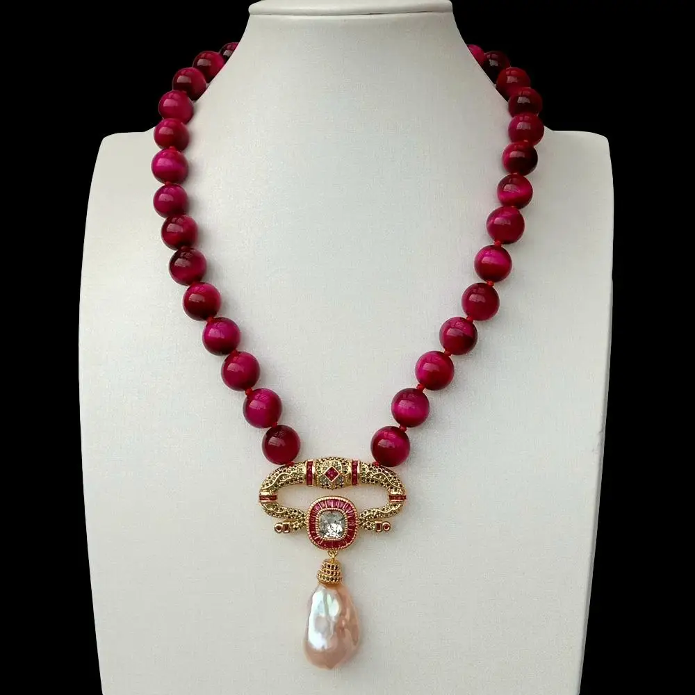 Y·YING Natural 12mm Smooth Round Fuchsia Tiger Eye Necklace Cubic Zirconia Pave Pink Keshi Pearl Pendant 18