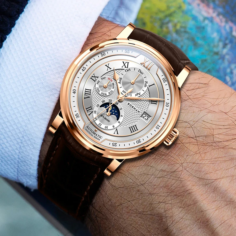 BORMAN Rose Golden Elegant Moon Phase Design Calendar Display Brown Leather Mens Watch Top Brand Luxury Automatic Watch Clock