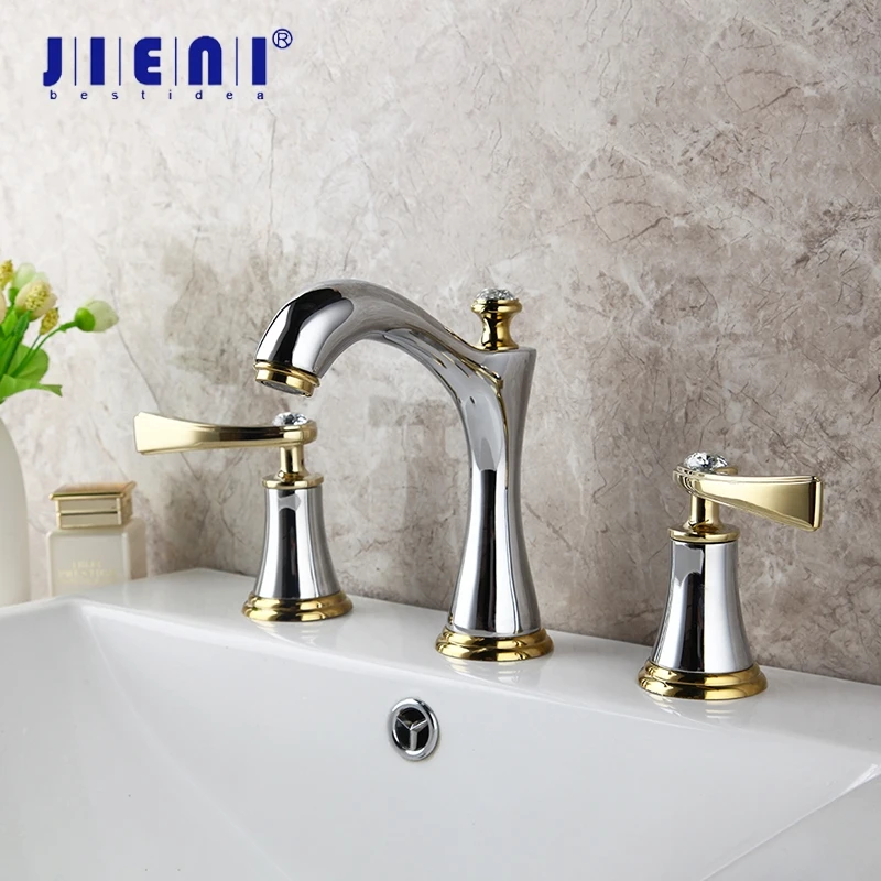 

JIENI Chrome Brass Bathroom 3 Pcs Faucet Set Deck Mounted Stream 2 Handles Diamond Bathroom Bathtub Basin Sink Mixer Tap Faucet