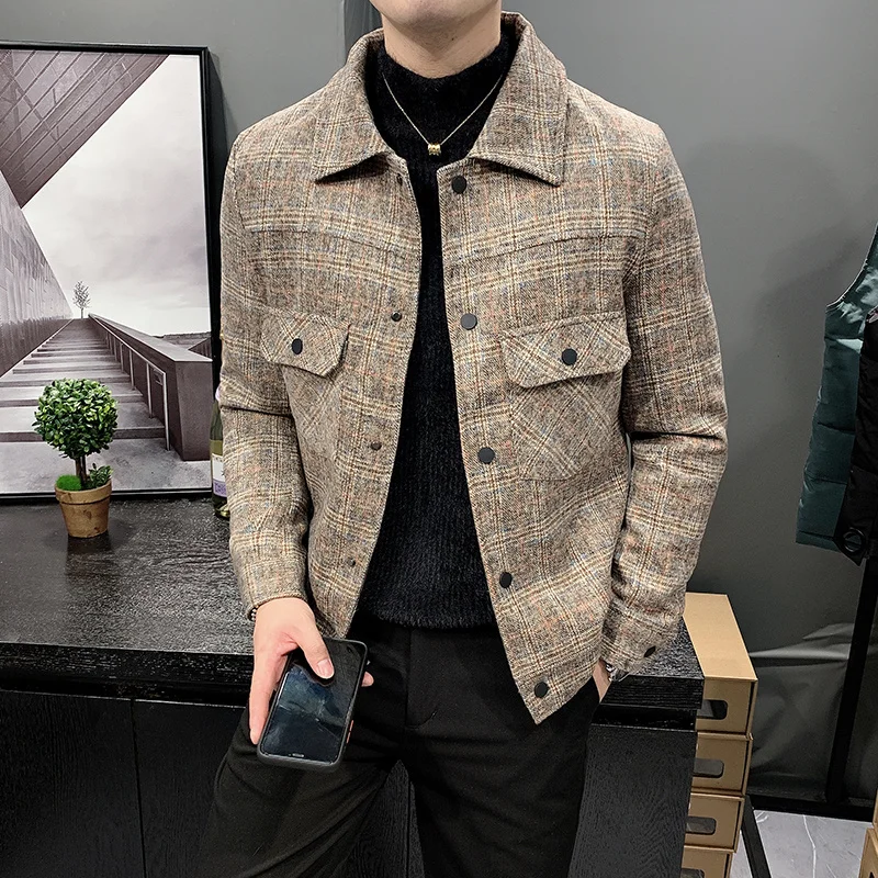 Autumn 2022 Winter New Fashion Men's Wool Coat Casual Thicken Warm Overcoat Single Breasted Woolen Jacket Men Plaid Outwear B453