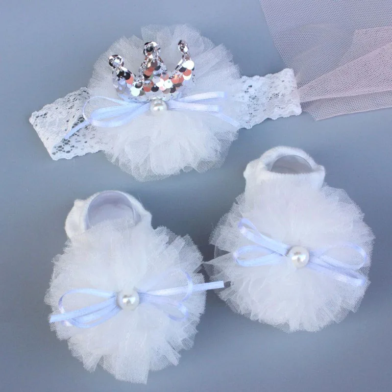 2 Pcs/Set Elastic Bab Headband Socks Set Lace Flower Newborn Girl Short Socks Bow Crown Infant Baby Turban Hairband