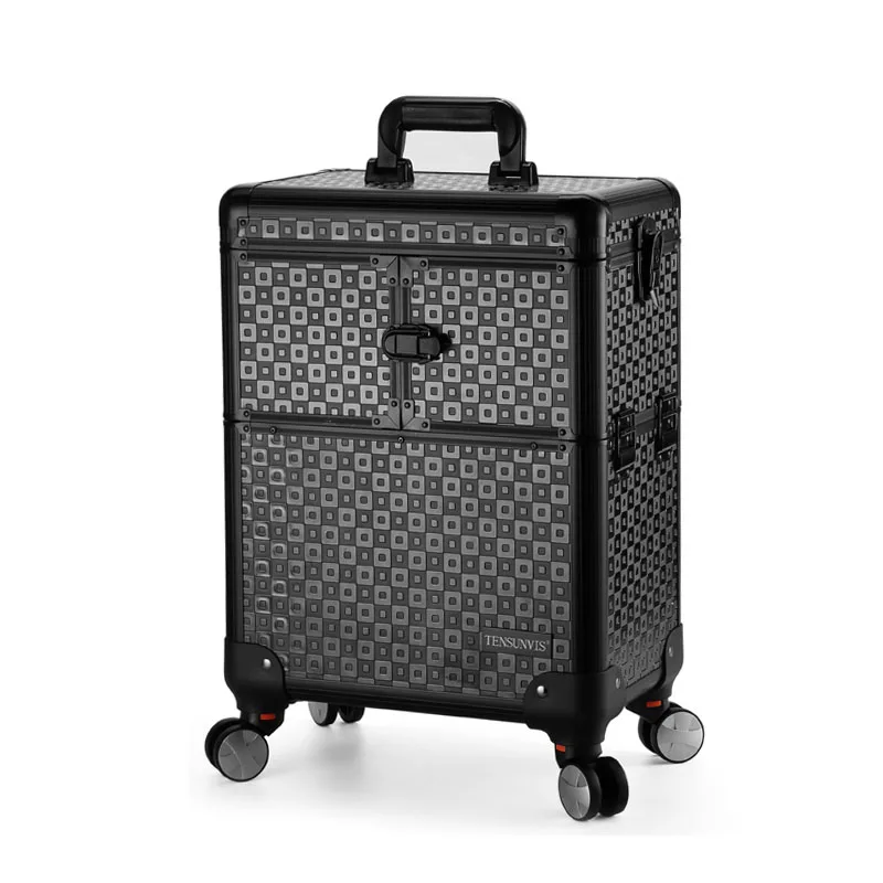 Professional Makeup Case Aluminium ABS Travel Beauty Manicure Artist Multi-Storey Black Big Hand Suitcase Wheels Rolling Luggage