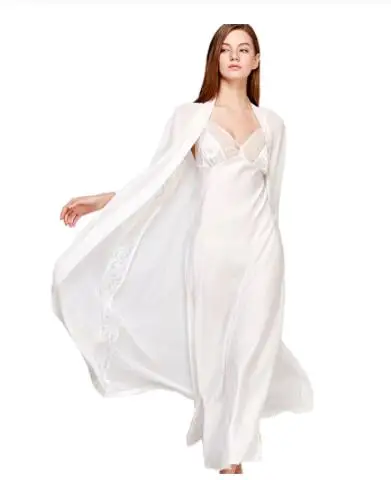 Sexy Sling Dress Sleeping Robe Two-Piece Faux Silk Sleepwear Women Elegant Lady Lace Long-Sleeve Nightgowns Bathrobes T0008