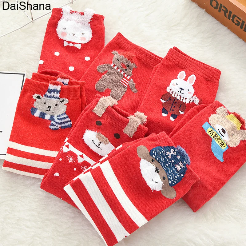 1 Pair Women Girls Socks Christmas Socks Stripe Gift Socks Cartoon Rabbit Bear Fashion Funny Ankle Socks Christmas Gift 7 Colors