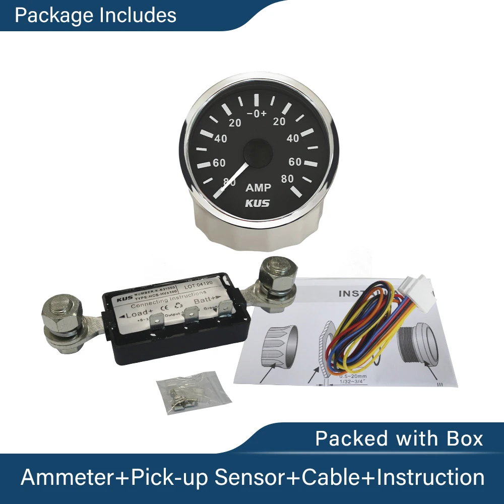 KUS 52mm Ampere Gauge Ammeter AMP Meter +/-50A +/-80A +/-150A With Current Sensor With Red Yellow Backlight 12V/24V