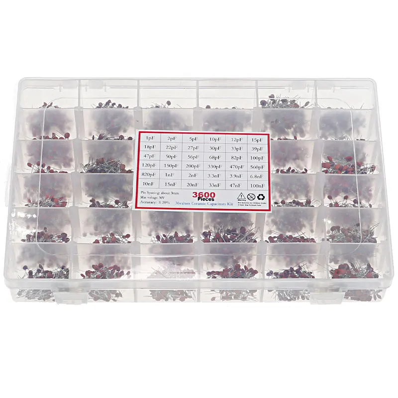 3600pcs/lot 1PF-100nF Ceramic Capacitor Assortment Kit 10PF 22PF 33PF 47PF 100PF 330PF 470PF 1NF 10NF 47NF 50V Capacitors set