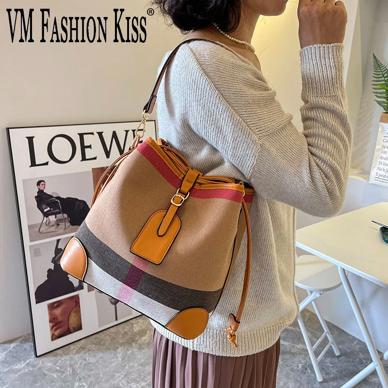 VM FASHION KISS 2024 Women\'s Bucket Bags PU Leather + Canvas Stitching Luxury Handbags Large Capacity Designer Shoulder Bag