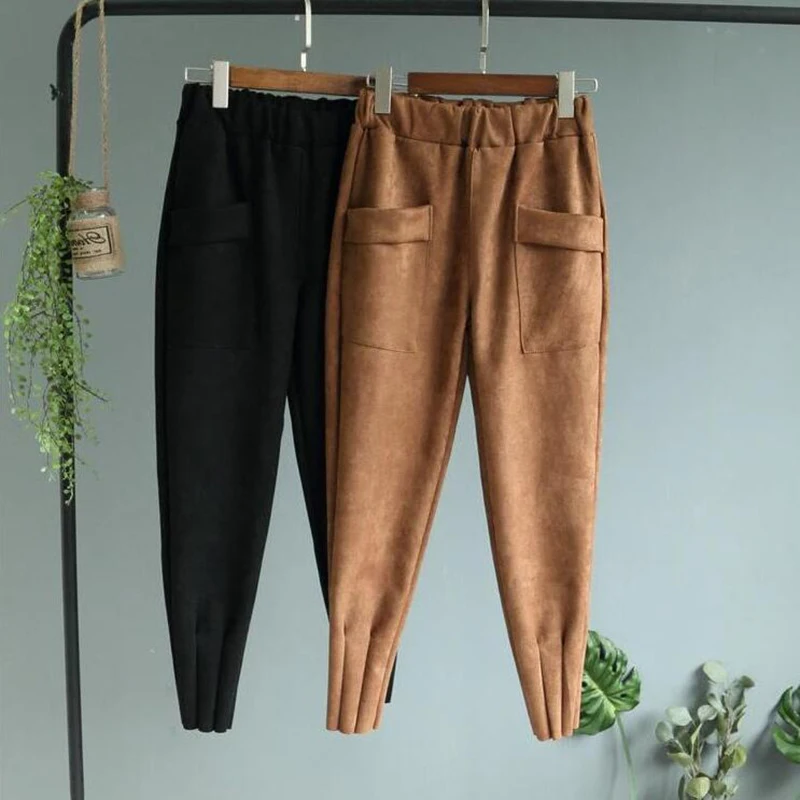 2022 Spring autumn Suede Women's Harem Pants Elastic waist Pockets Casual joggers Women Trousers Loose Solid Pencil Pants