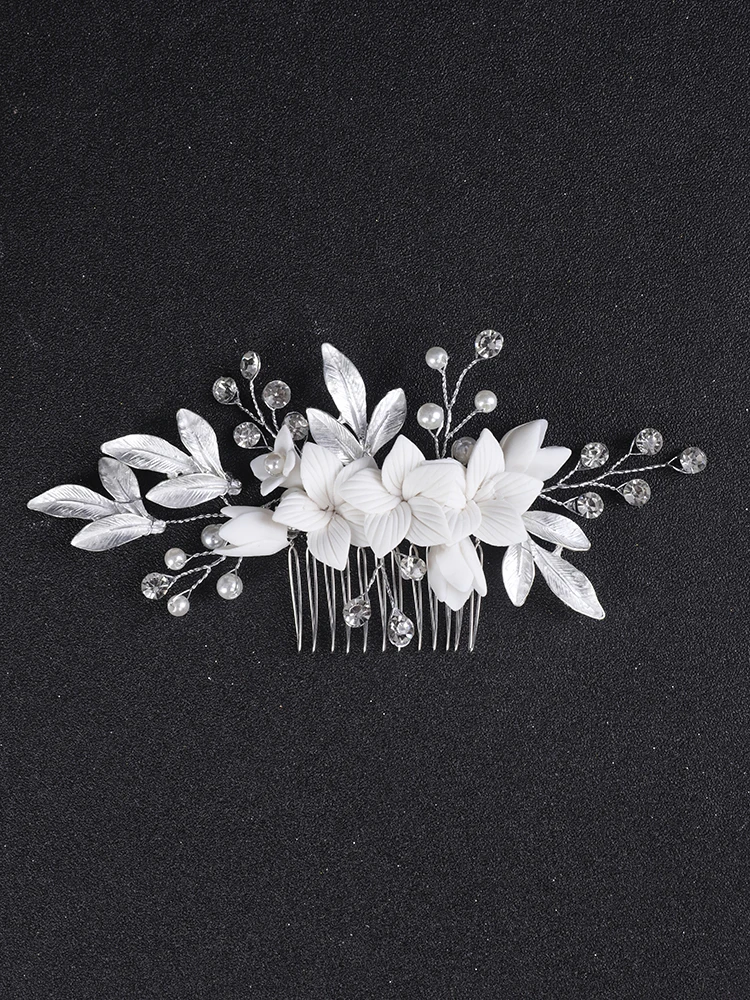 Silver Bridal Headwear Women Hair Comb Ceramic Flower  display picture 1