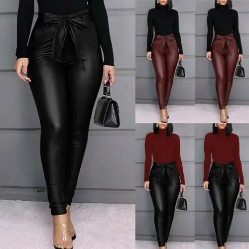 

Women New Fashion Faux Leather Thin PU Bow-knot Leggings Stretchy Casual Pencil Pants Elastic Sexy Legging Autumn Trousers