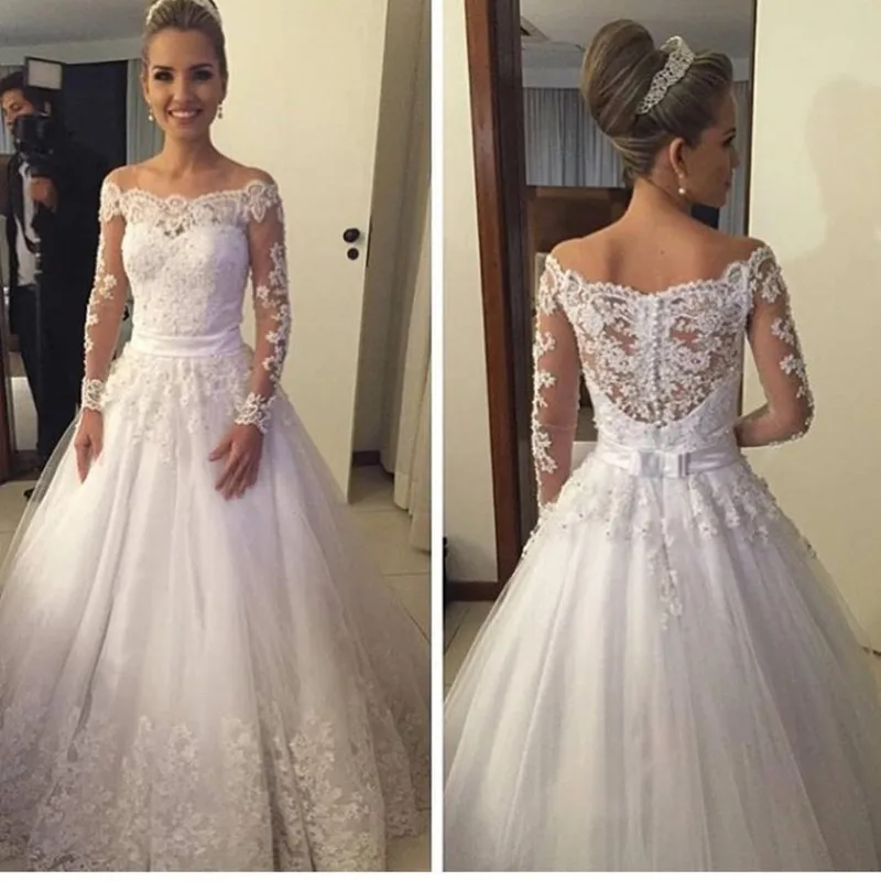 رشيقة a-line 원스 2020 نمط جديد الدانتيل الأبيض فستان زفاف بأكمام طويلة vestido de noiva Noche مفصل فساتين الزفاف