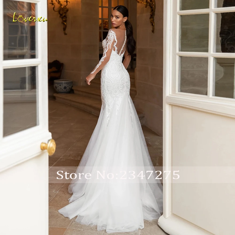 Loverxu abiti da sposa a sirena 2024 o-collo manica lunga abiti da sposa Appliques di pizzo in rilievo treno staccabile Vestido De Novia