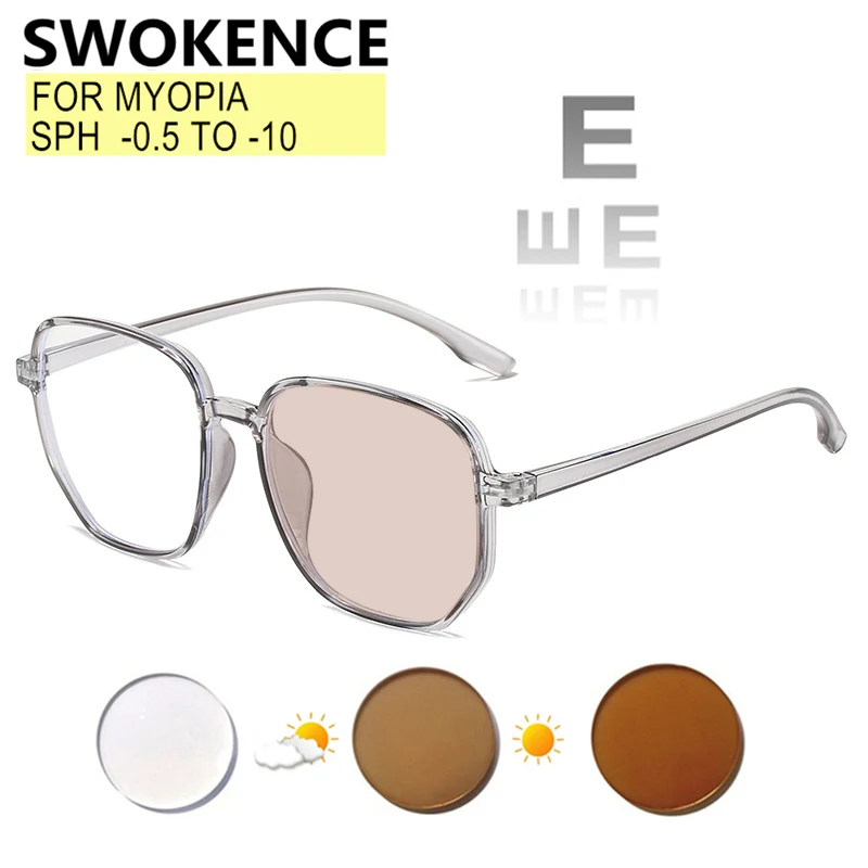 SWOKENCE Anti Blue Ray Photochromic Myopia Glasses Prescription -0.5 to -10 Women Men Polygonal Frame Astigmatism Custom F506