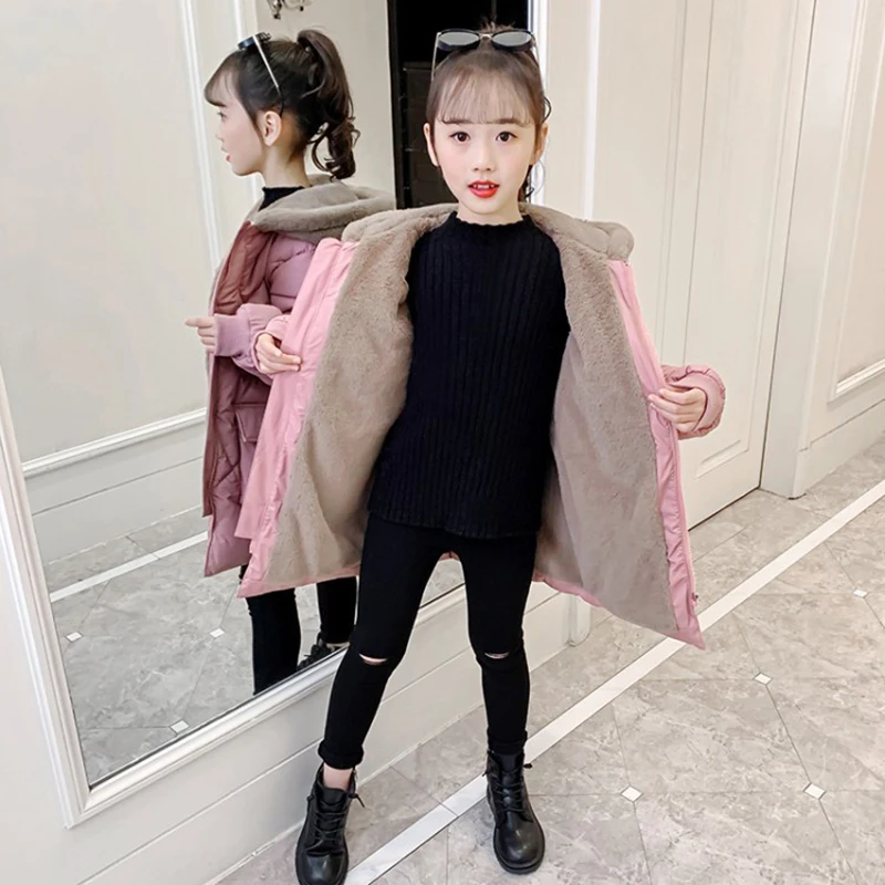 4-12 Year Girls Coat Plus Velvet Warm Winter Jacket For Girls Fashion Long Parkas Snowsuit Cute Bear Hooded Children\'s Outerwear