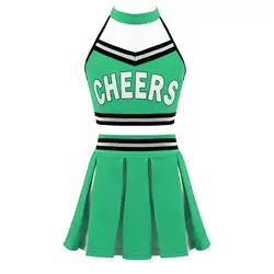 Kids Girls Cheerleading Uniform Halter Neck Mesh Letter Print Dancewear Backless Crop Top with Elastic Waistband Pleated Skirt