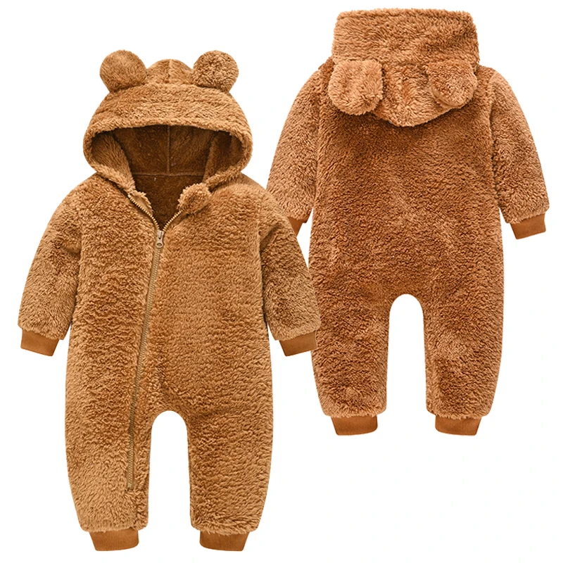 Baby Boy Clothes Spring Autumn Hooded Warm Baby Rompers Cute Plush Bear Overall Toddler Girl Jumpsuit Infants Crawling Clothing