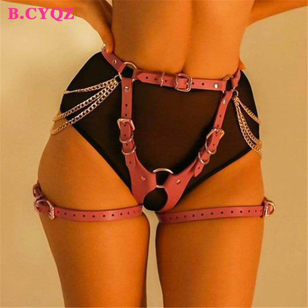 B.CYQZ Gold Chain Sexy Body Chain Bondage Goth PU Leather Garters Harness Women Leg Suspender Lingerie Cage Set Rave Clothes